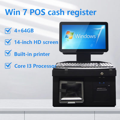 14 pulgadas pantalla táctil doble Win7 Pos caja registradora i3 Cpu 4 + 64GB Terminal de escritorio POS con impresora, teclado, escáner