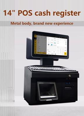 14 pulgadas pantalla táctil doble Windows7 Pos caja registradora i3 Cpu 4 + 64GB Terminal de escritorio POS con impresora, teclado, escáner