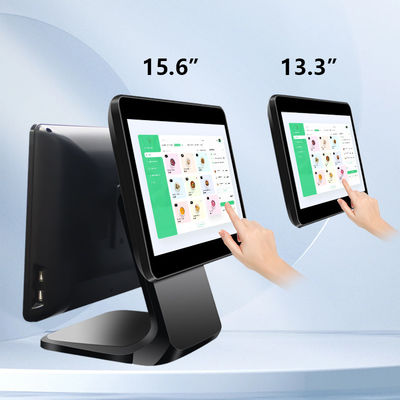 13.3/15.6 pulgadas de pantalla táctil doble Sistema POS I3 Sistema Win Terminal POS de tiendas minoristas con base plegable