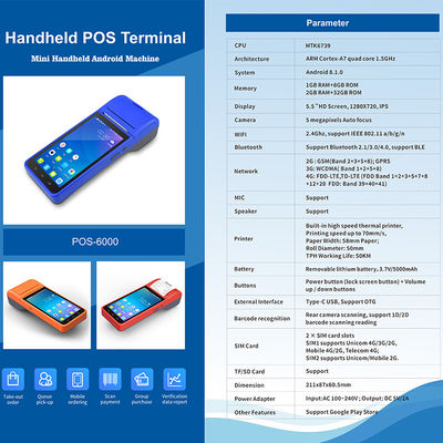 Sistema de punto de venta Android portátil de 5.5" Máquina registradora con pantalla táctil Terminal POS móvil WiFi USB NFC Pago para minoristas Azul