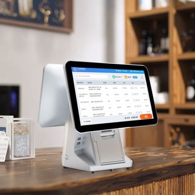 Sistemas POS todo en uno de doble pantalla táctil capacitiva para restaurantes, caja registradora Wifi y capacidad de disco duro de 32 GB