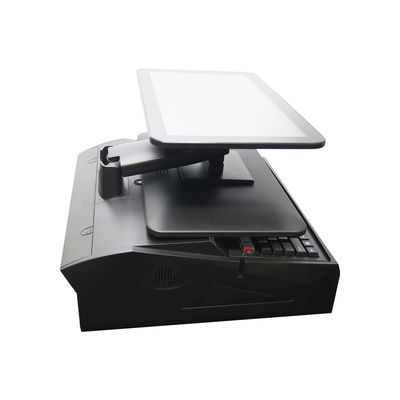 OEM ODM Caja registradora POS Win7 de doble pantalla de 15.6 pulgadas N2840 CPU 2+32GB Terminal POS de escritorio con impresora de 58 mm, teclado