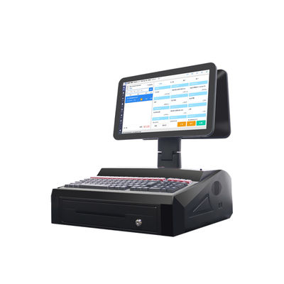 OEM ODM Caja registradora POS Win7 de doble pantalla de 15.6 pulgadas N2840 CPU 2+32GB Terminal POS de escritorio con impresora de 58 mm, teclado