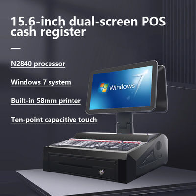 OEM ODM Caja registradora POS Win7 de doble pantalla de 15.6 pulgadas N2840 CPU 2+32GB Terminal POS de escritorio con impresora de 58 mm, teclado