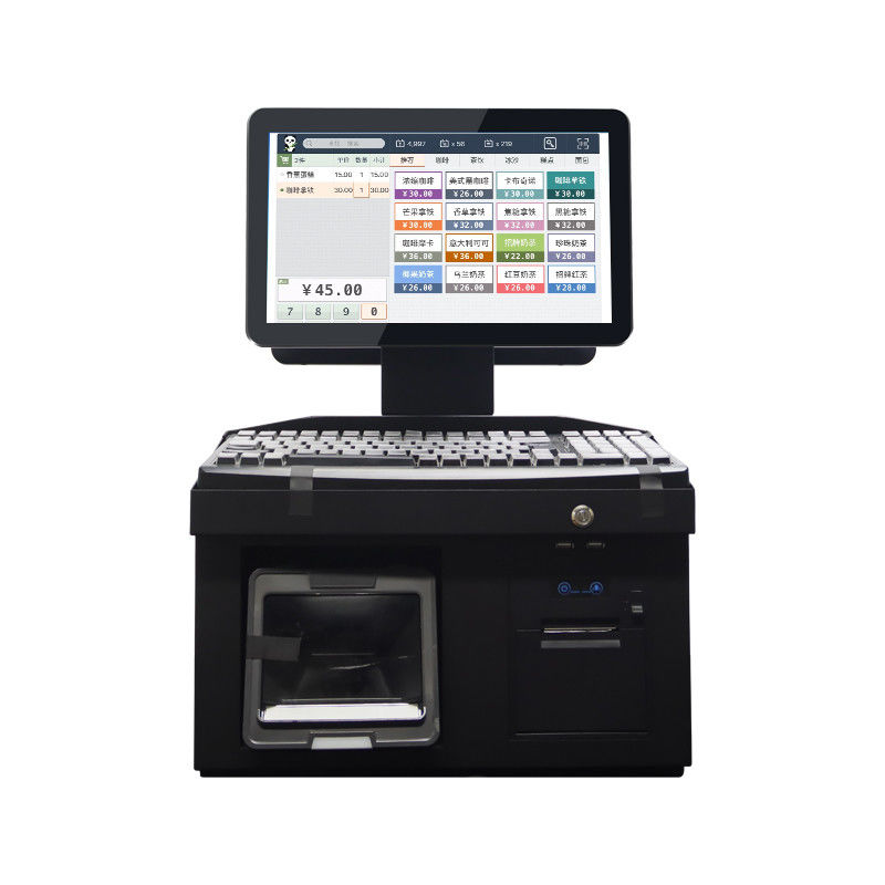 14 pulgadas pantalla táctil doble Win7 Pos caja registradora i3 Cpu 4 + 64GB Terminal de escritorio POS con impresora, teclado, escáner