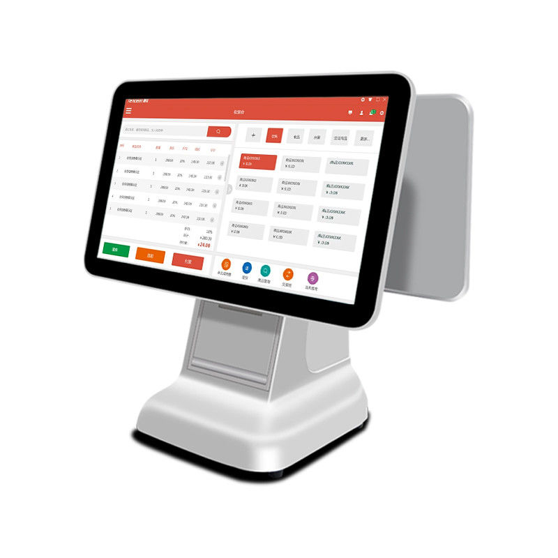 Sistema de terminal POS con escáner, caja registradora y pantalla LCD de 15.6 pulgadas, todo en uno, blanco, con interfaz USB3.0 y impresora de 80mm